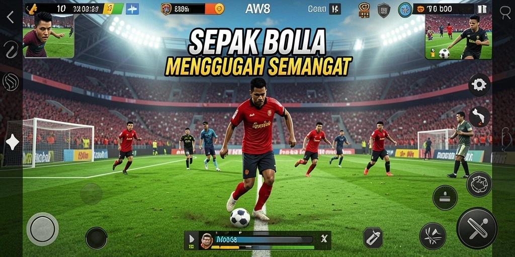 Screenshot menunjukkan aksi seru dalam permainan sepak bola di AW8.