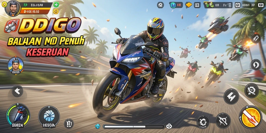 Screenshot ODDIGO menampilkan aksi balapan motor yang mendebarkan di trek yang menantang.