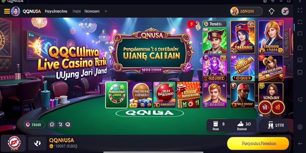 Screenshot utama QQNUSA menampilkan dealer langsung dan permainan kasino yang dinamis.