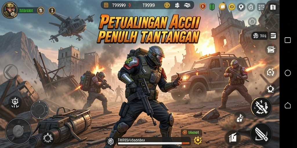 Tangkapan layar utama T9999 menampilkan aksi seru di medan perang.